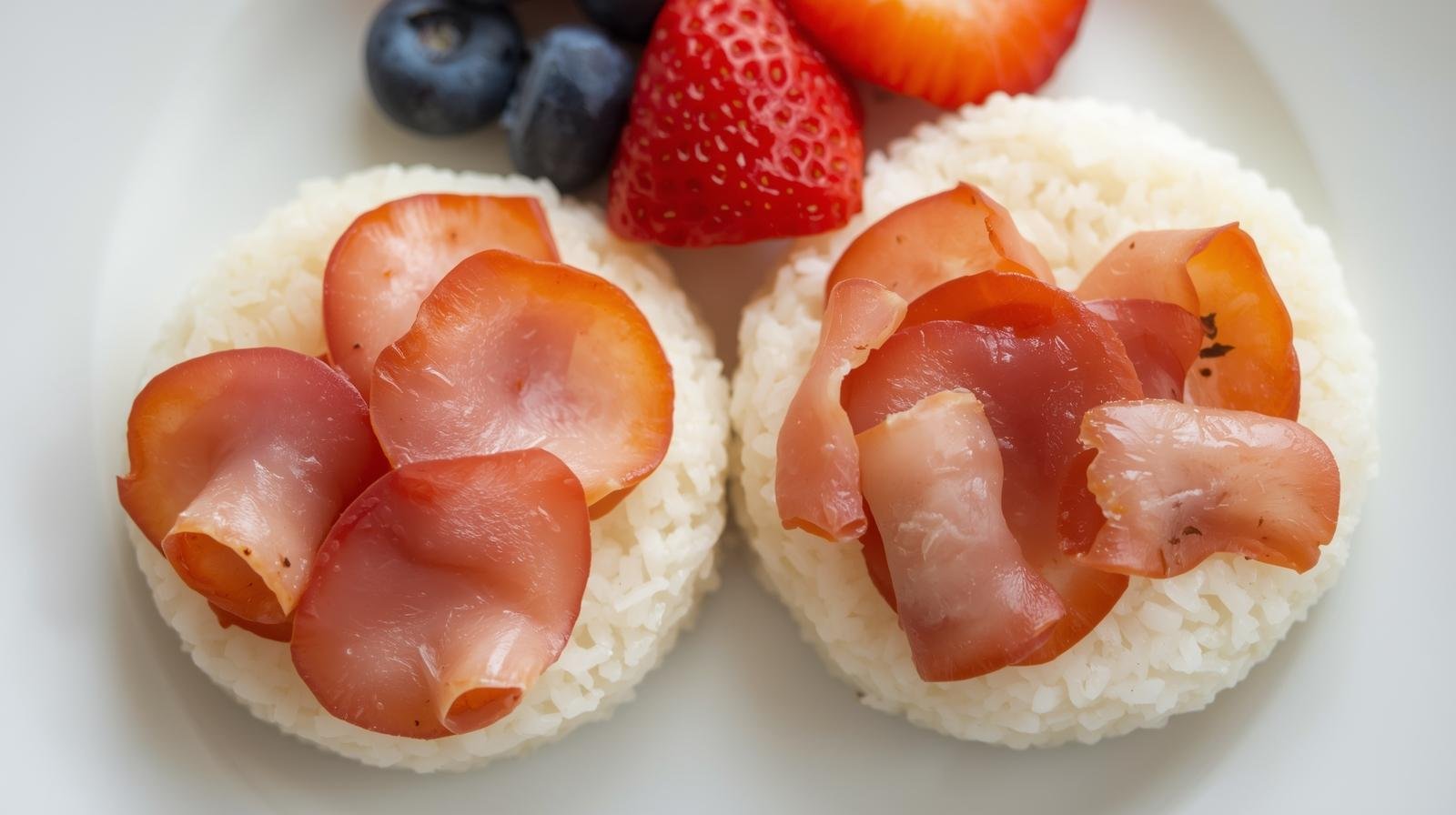 Tortitas de arroz con jamón cocido y fruta