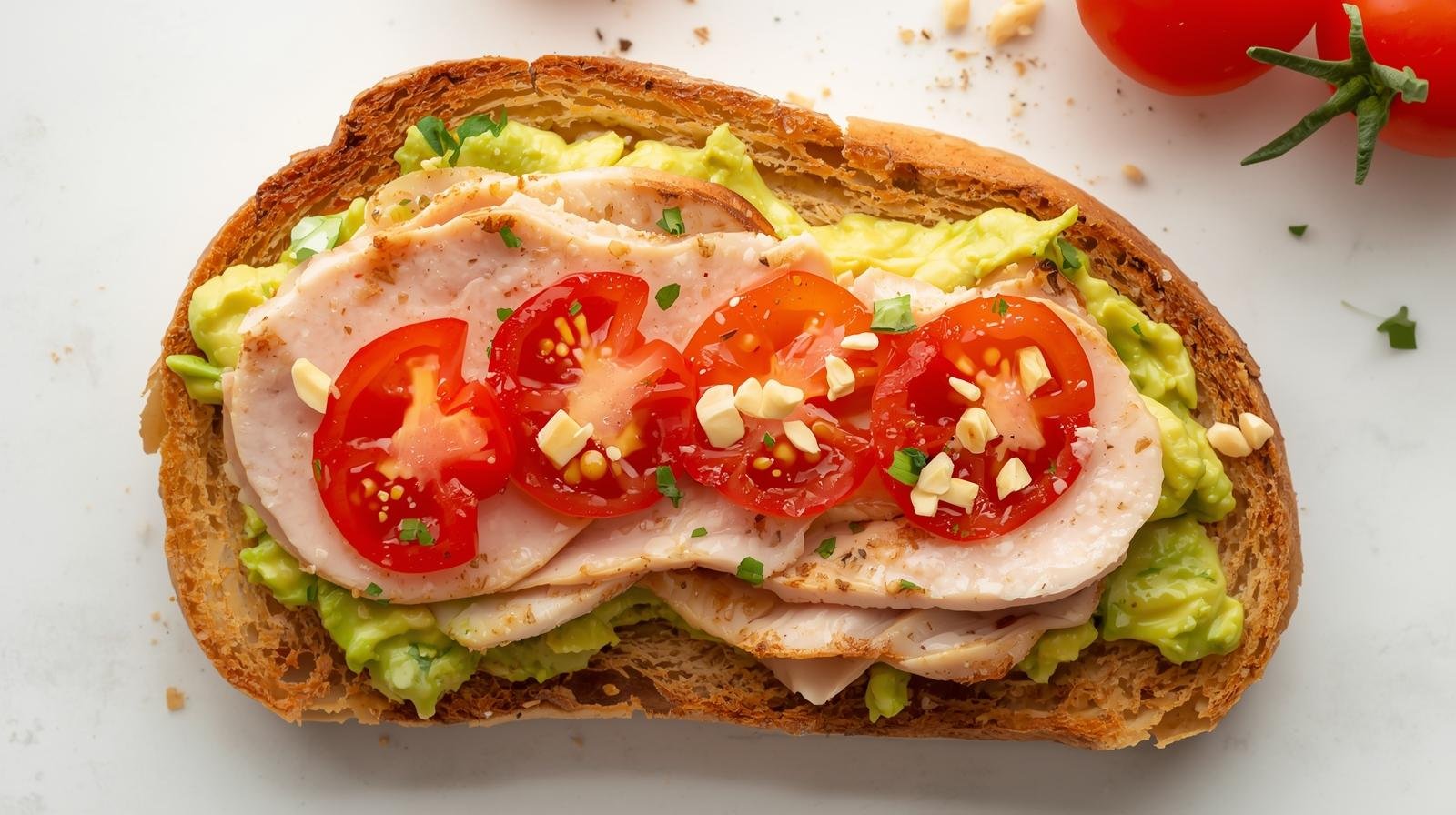 Tostada de aguacate y pavo con tomate